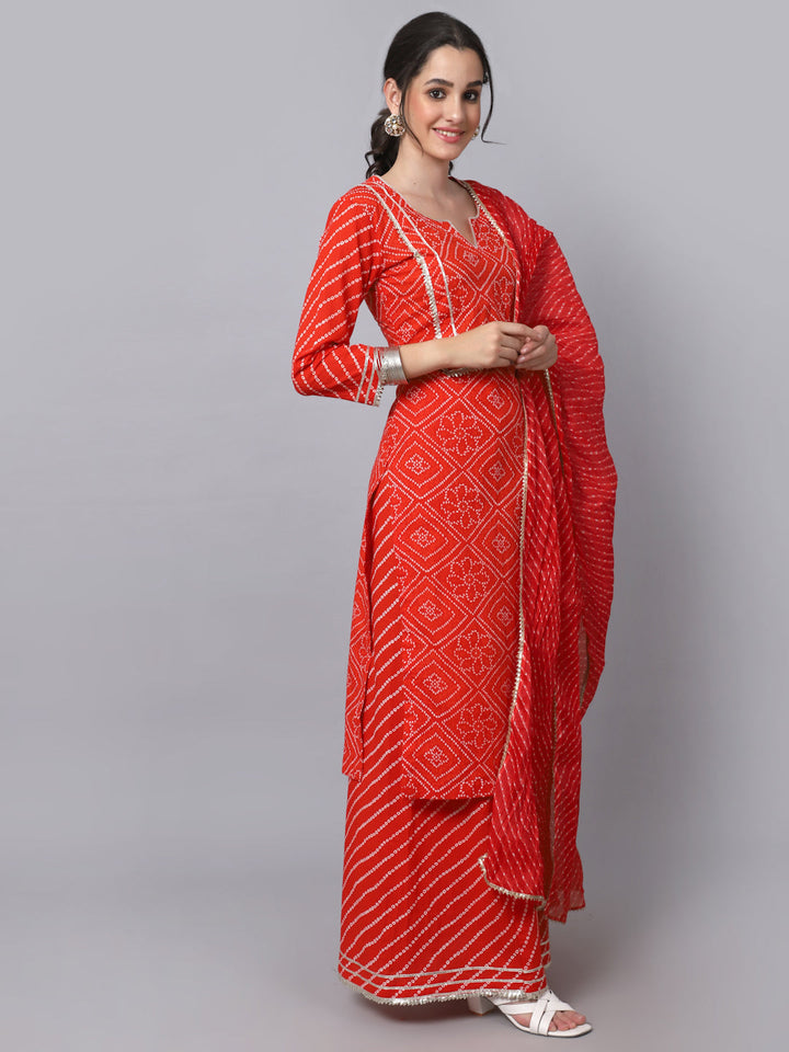 anokherang Combos Red Bandhani Gota Kurti with Flared Palazzo and Dupatta