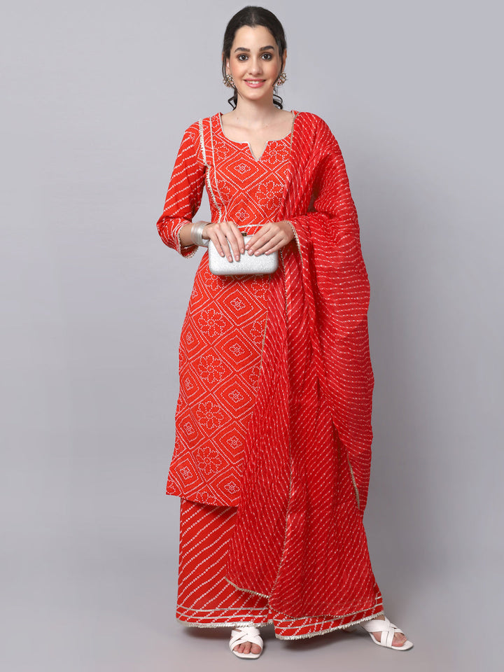 anokherang Combos Red Bandhani Gota Kurti with Flared Palazzo and Dupatta