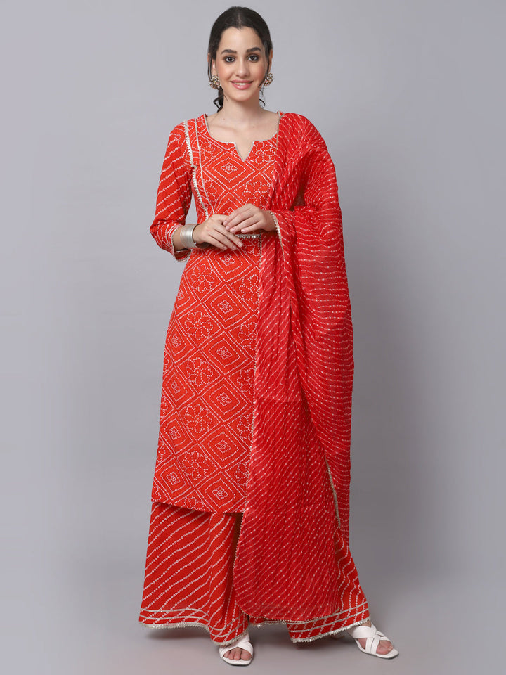 anokherang Combos Red Bandhani Gota Kurti with Flared Palazzo and Dupatta