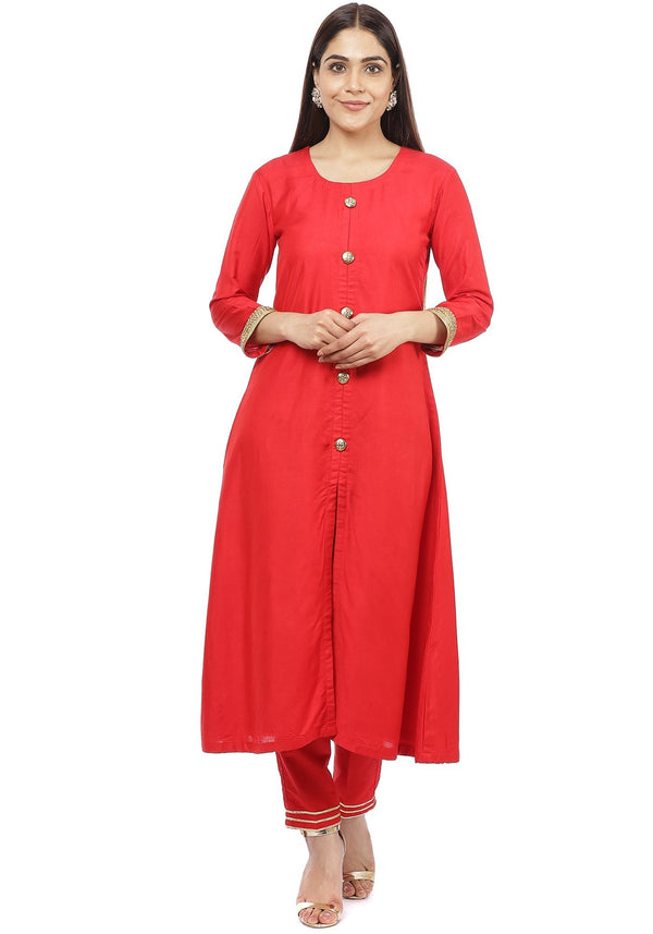 anokherang Combos Red Button Down Kurti with Straight Pants