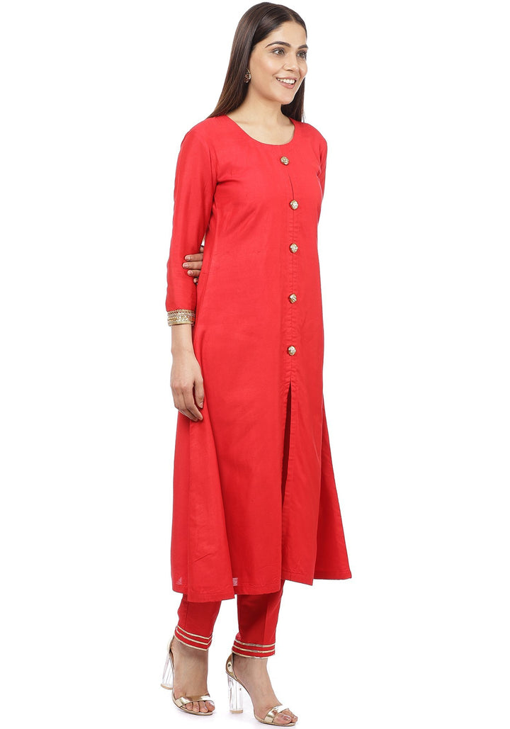 anokherang Combos Red Button Down Kurti with Straight Pants