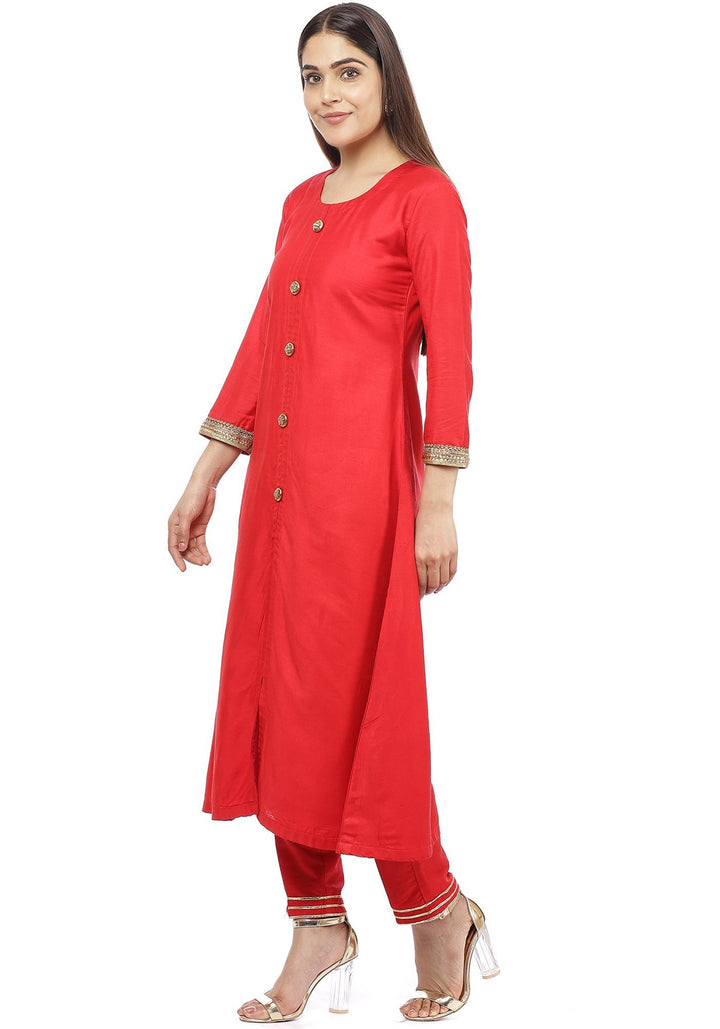 anokherang Combos Red Button Down Kurti with Straight Pants