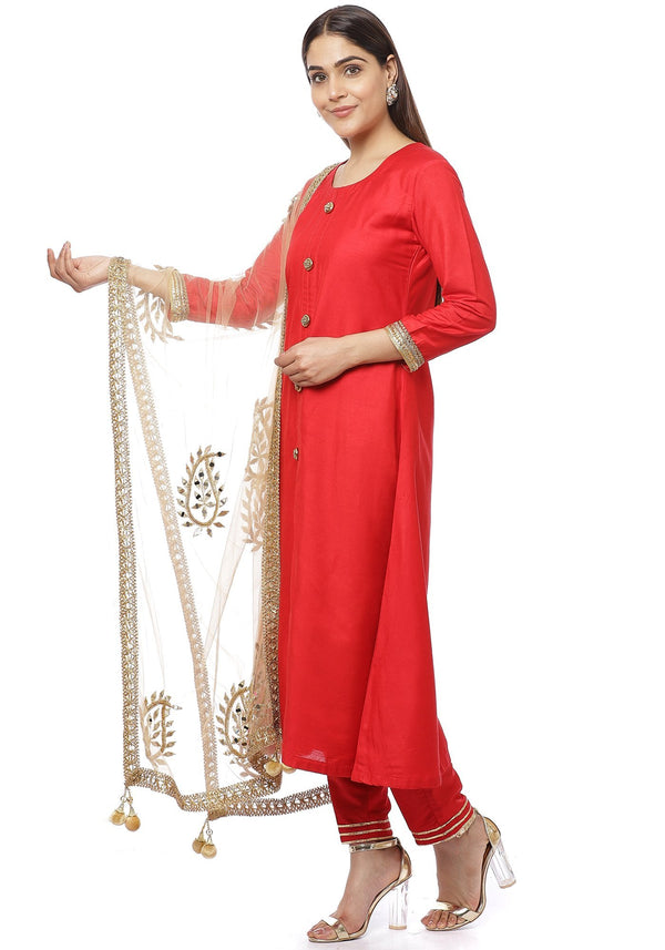 anokherang Combos Red Button Down Kurti with Straight Pants and Gold Mirror Paisley Dupatta