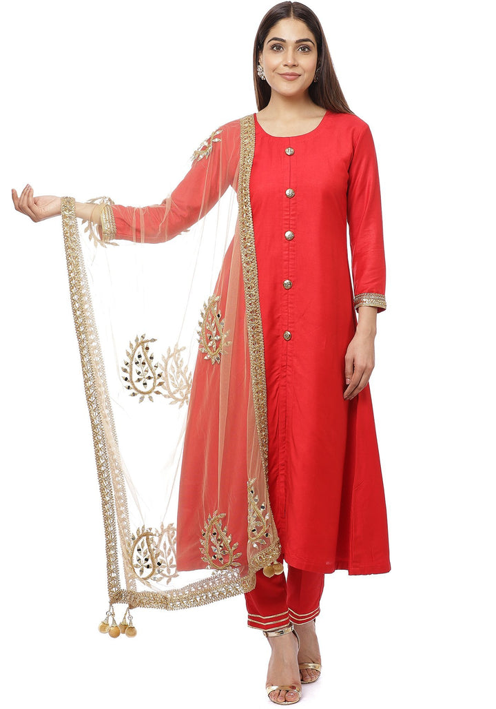 anokherang Combos Red Button Down Kurti with Straight Pants and Gold Mirror Paisley Dupatta