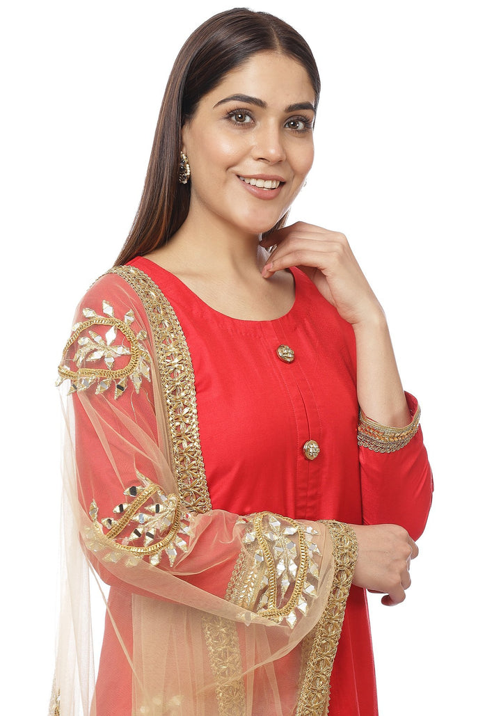anokherang Combos Red Button Down Kurti with Straight Pants and Gold Mirror Paisley Dupatta