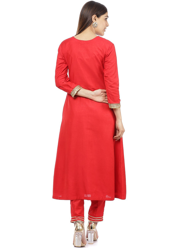 anokherang Combos Red Button Down Kurti with Straight Pants and Gold Mirror Paisley Dupatta