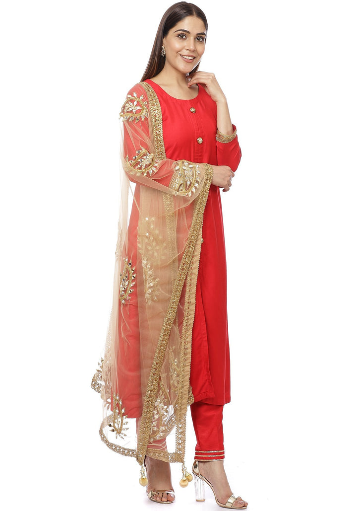 anokherang Combos Red Button Down Kurti with Straight Pants and Gold Mirror Paisley Dupatta