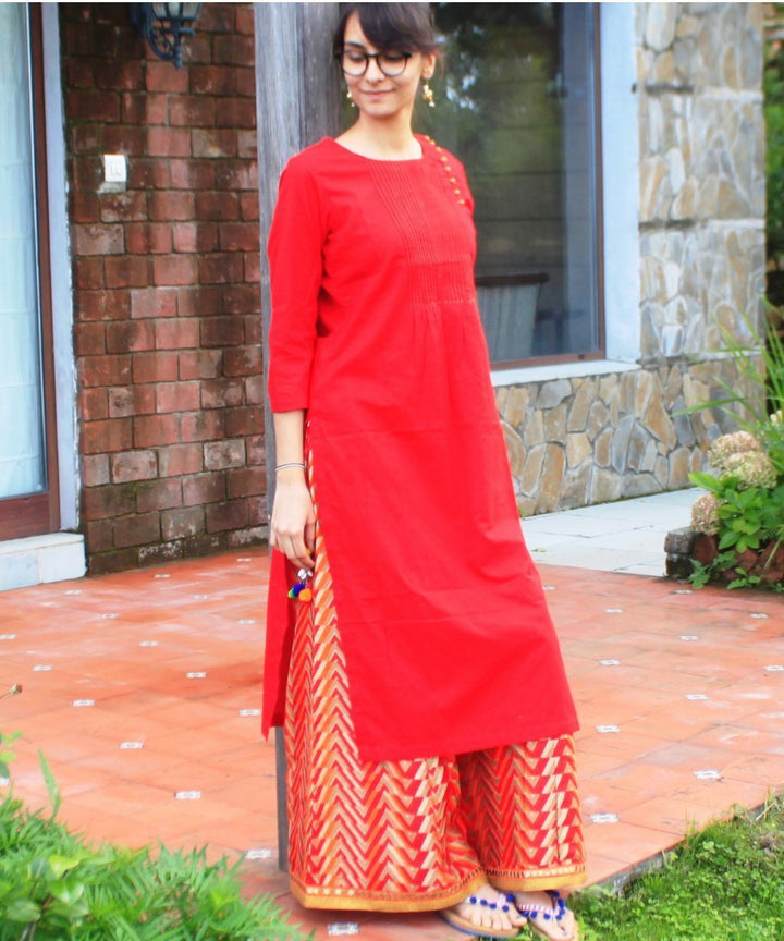 anokherang Combos Red Gold Straight Kurti with Red Kalidaar Palazzos