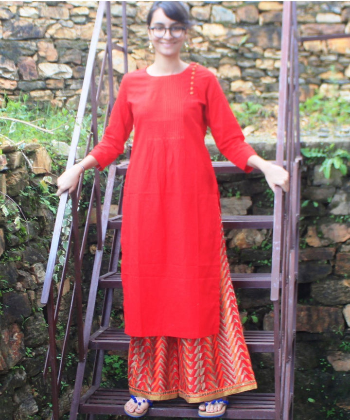 anokherang Combos Red Gold Straight Kurti with Red Kalidaar Palazzos