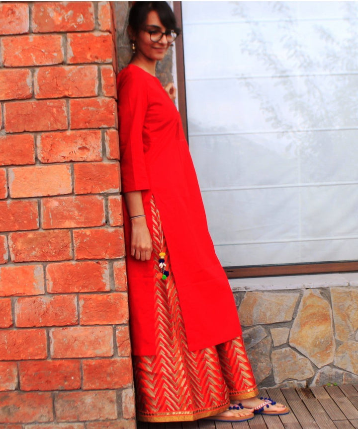 anokherang Combos Red Gold Straight Kurti with Red Kalidaar Palazzos
