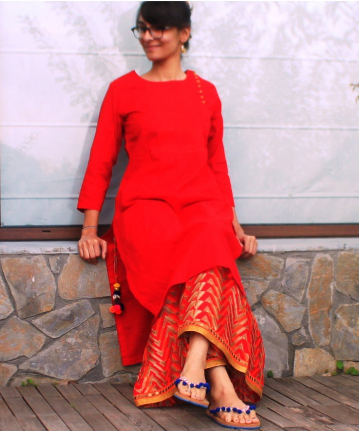 anokherang Combos Red Gold Straight Kurti with Red Kalidaar Palazzos