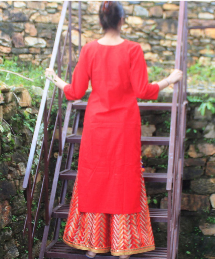 anokherang Combos Red Gold Straight Kurti with Red Kalidaar Palazzos