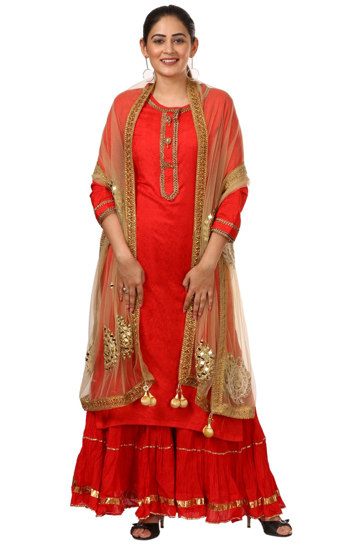 anokherang Combos Red Gotta Kurti with Gathered Sharara and Gold Mirror Paisley Dupatta
