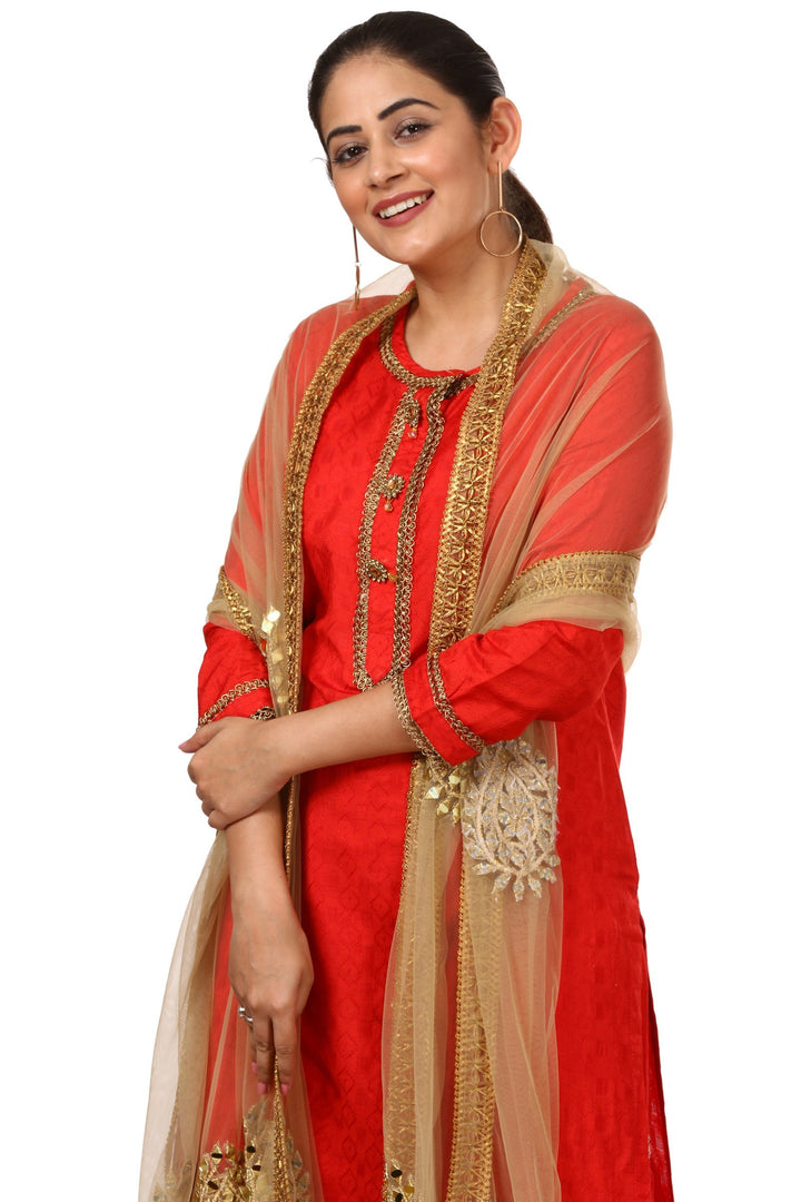 anokherang Combos Red Gotta Kurti with Gathered Sharara and Gold Mirror Paisley Dupatta