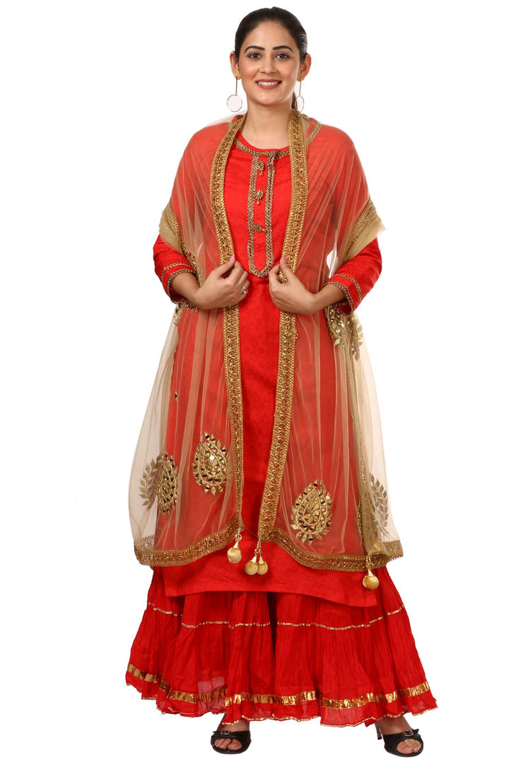anokherang Combos Red Gotta Kurti with Gathered Sharara and Gold Mirror Paisley Dupatta