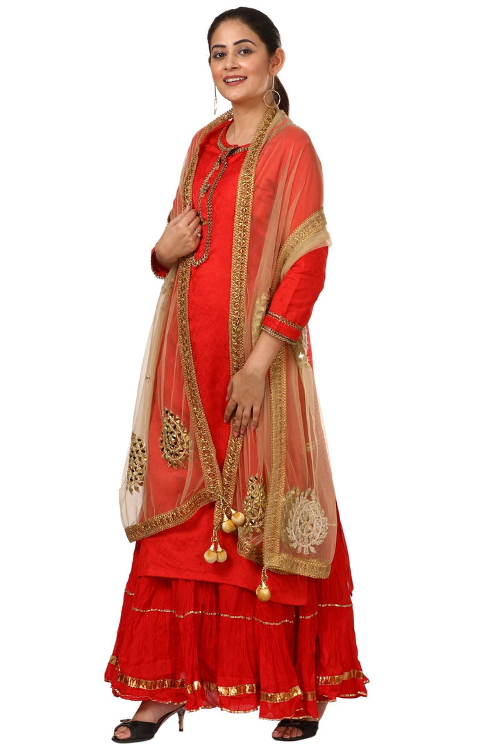 anokherang Combos Red Gotta Kurti with Gathered Sharara and Gold Mirror Paisley Dupatta