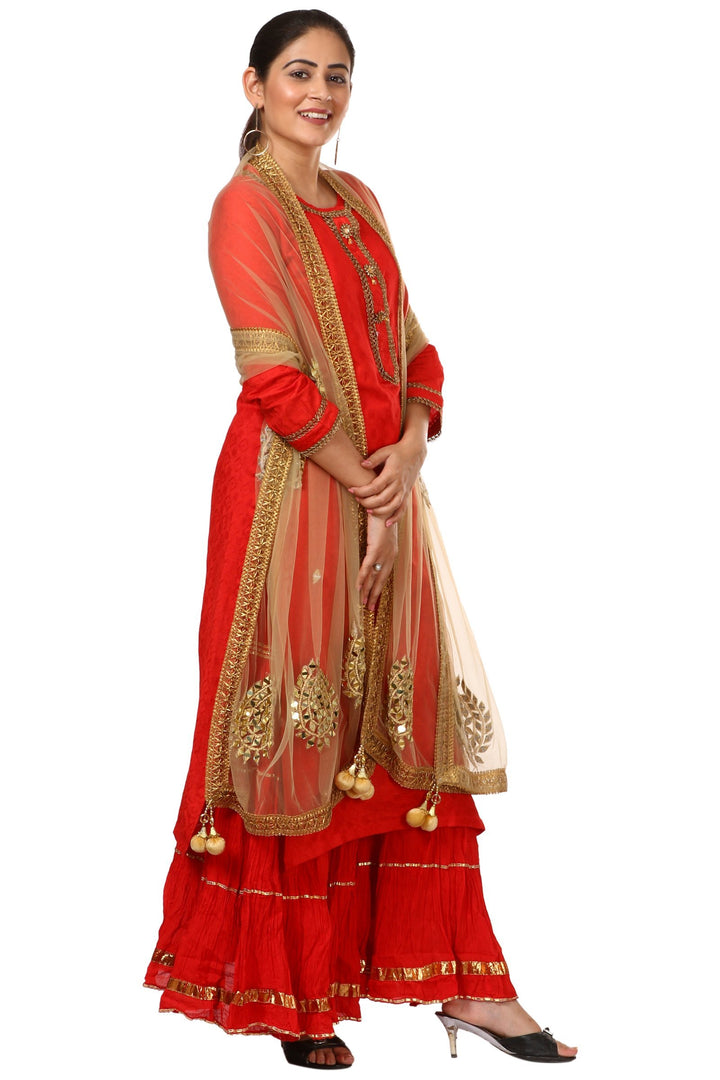 anokherang Combos Red Gotta Kurti with Gathered Sharara and Gold Mirror Paisley Dupatta