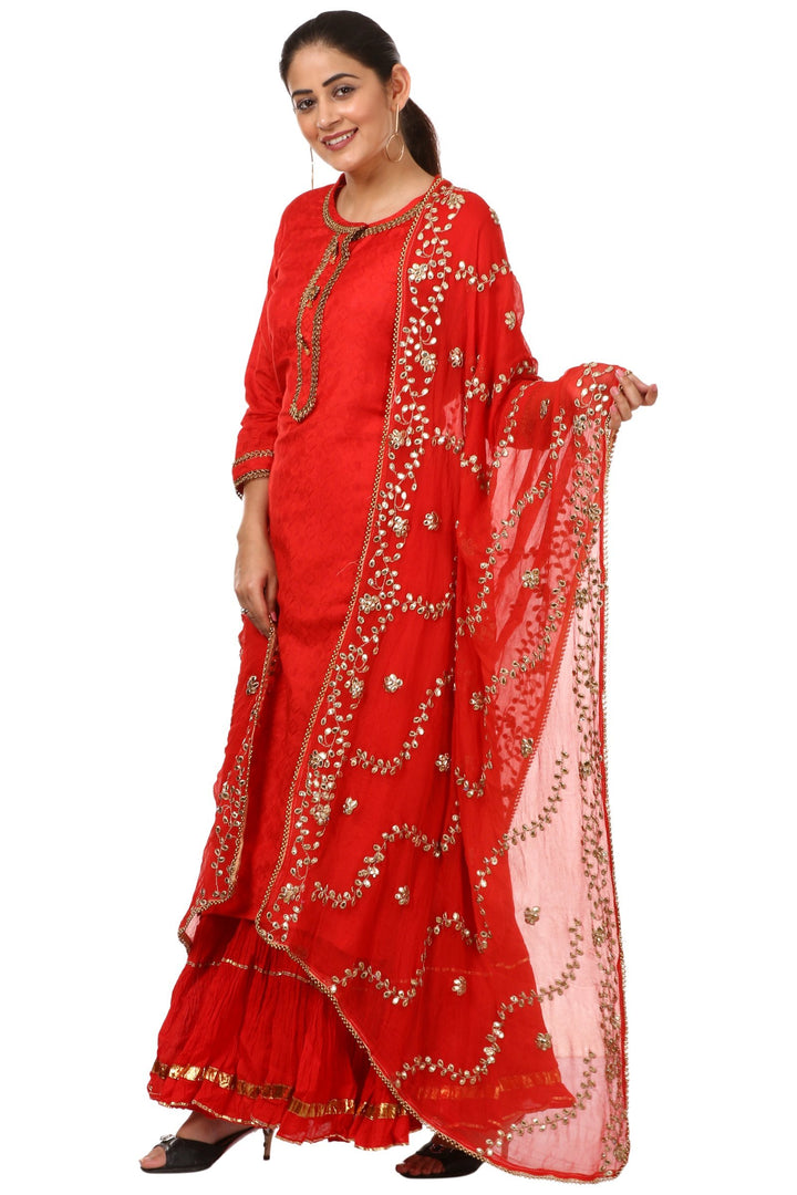 anokherang Combos Red Gotta Kurti with Gathered Sharara and Gotta Embroidered Dupatta