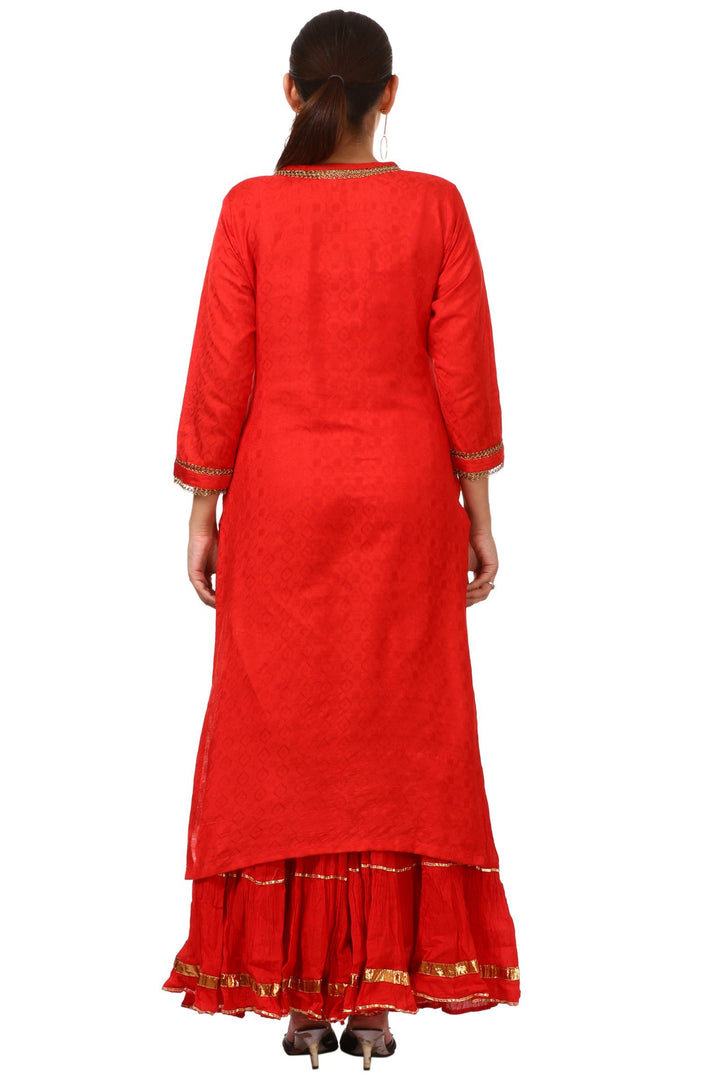 anokherang Combos Red Gotta Kurti with Gathered Sharara and Thread Embroidered Dupatta