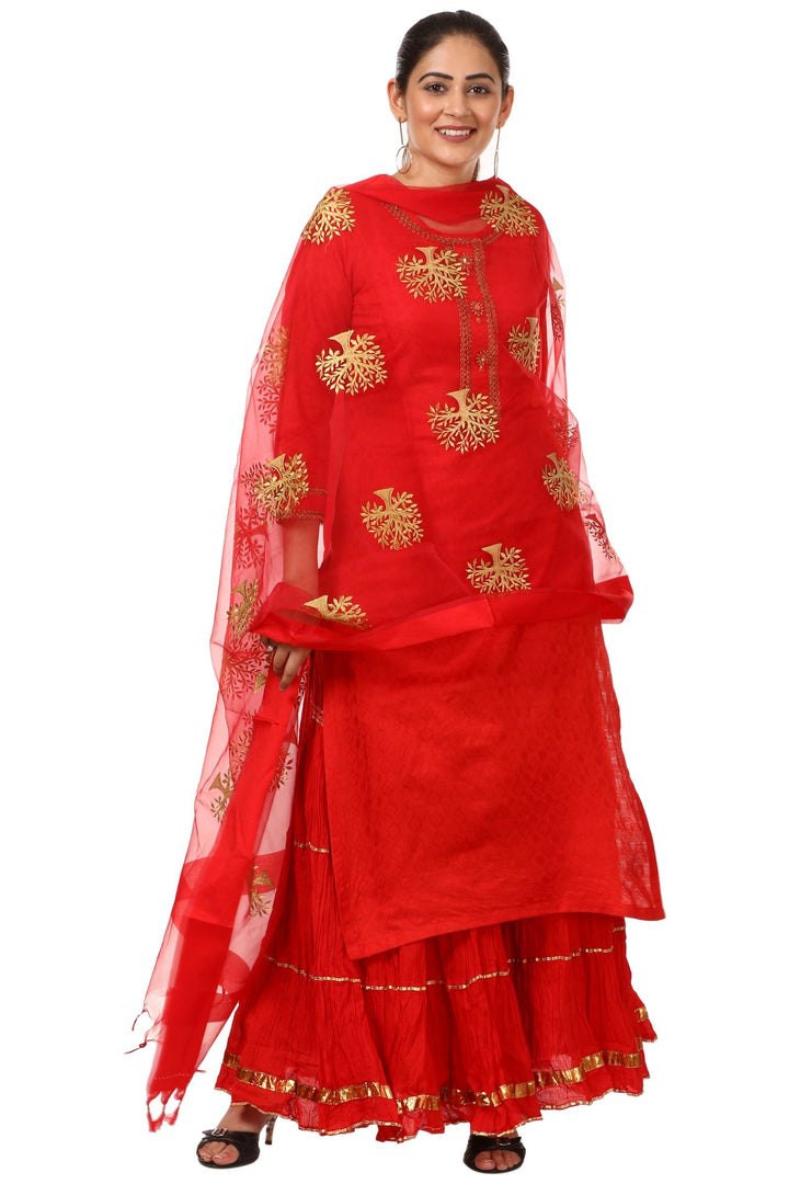 anokherang Combos Red Gotta Kurti with Gathered Sharara and Thread Embroidered Dupatta