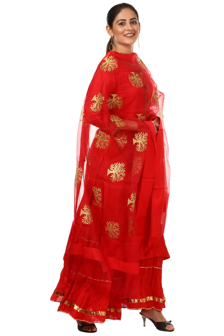 anokherang Combos Red Gotta Kurti with Gathered Sharara and Thread Embroidered Dupatta