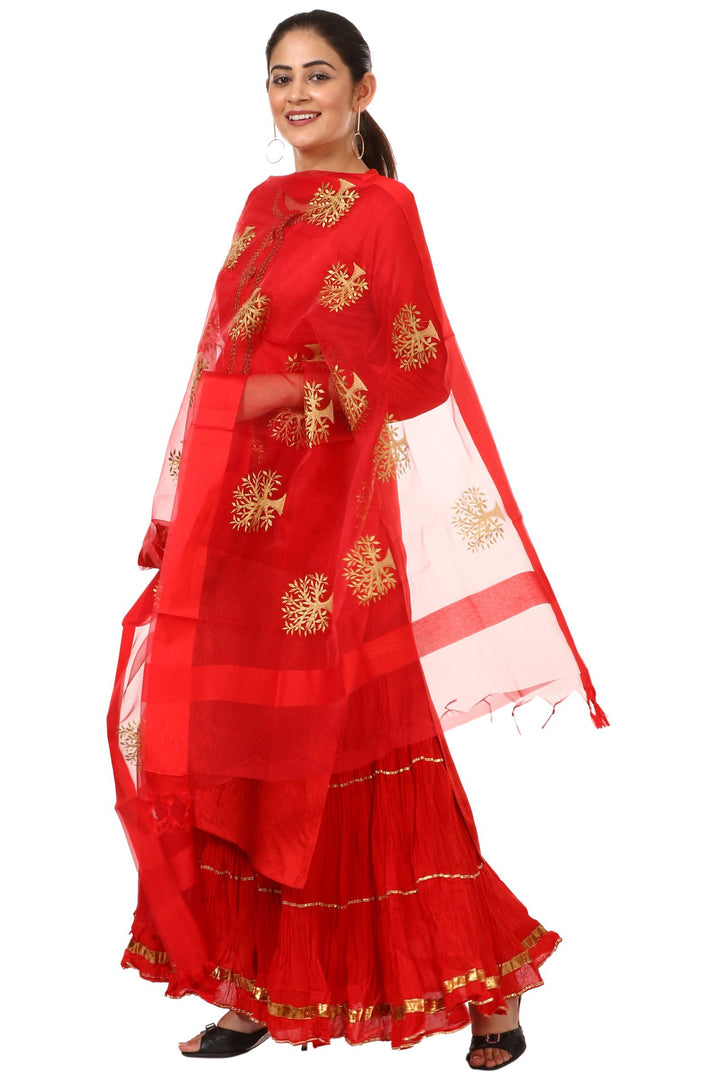 anokherang Combos Red Gotta Kurti with Gathered Sharara and Thread Embroidered Dupatta