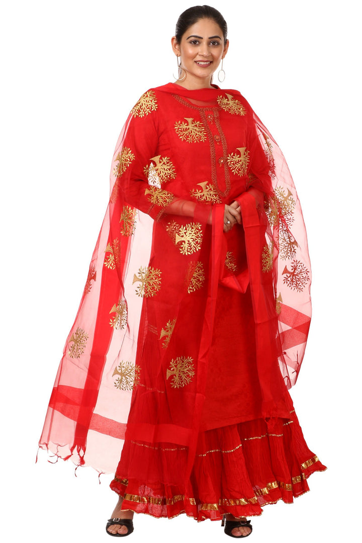anokherang Combos Red Gotta Kurti with Gathered Sharara and Thread Embroidered Dupatta