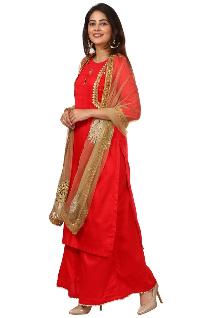 anokherang Combos Red Jacket Style Kurti and Flared Palazzos with Gold Mirror Paisley Dupatta