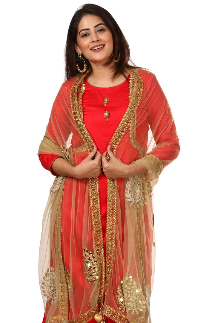 anokherang Combos Red Jacket Style Kurti and Flared Palazzos with Gold Mirror Paisley Dupatta