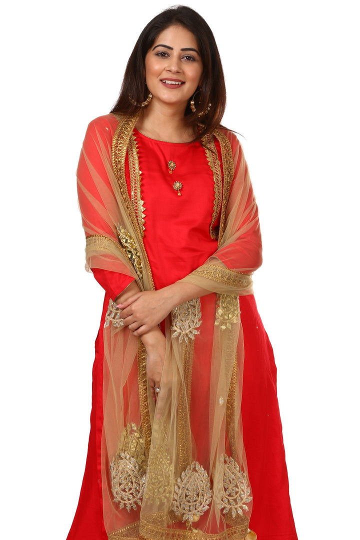 anokherang Combos Red Jacket Style Kurti and Flared Palazzos with Gold Mirror Paisley Dupatta