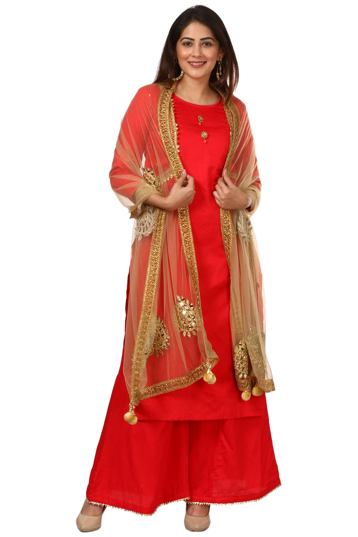 anokherang Combos Red Jacket Style Kurti and Flared Palazzos with Gold Mirror Paisley Dupatta