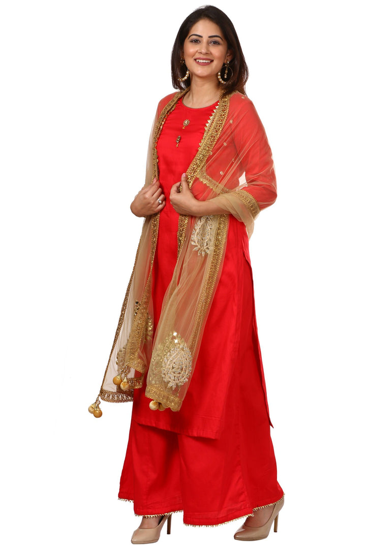 anokherang Combos Red Jacket Style Kurti and Flared Palazzos with Gold Mirror Paisley Dupatta