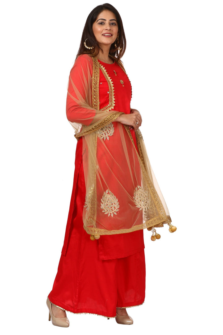anokherang Combos Red Jacket Style Kurti and Flared Palazzos with Gold Mirror Paisley Dupatta