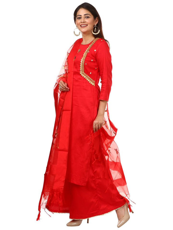 anokherang Combos Red Jacket Style Kurti and Flared Palazzos with Red Butterfly Embroidered Dupatta