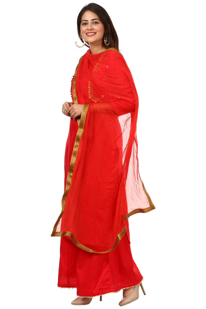 anokherang Combos Red Jacket Style Kurti and Flared Palazzos with Red Chiffon Dupatta