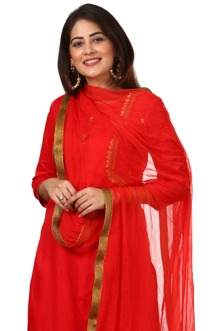 anokherang Combos Red Jacket Style Kurti and Flared Palazzos with Red Chiffon Dupatta