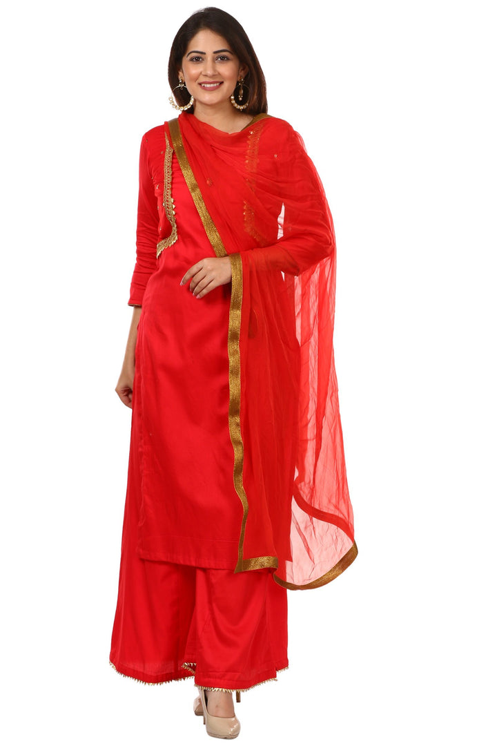 anokherang Combos Red Jacket Style Kurti and Flared Palazzos with Red Chiffon Dupatta