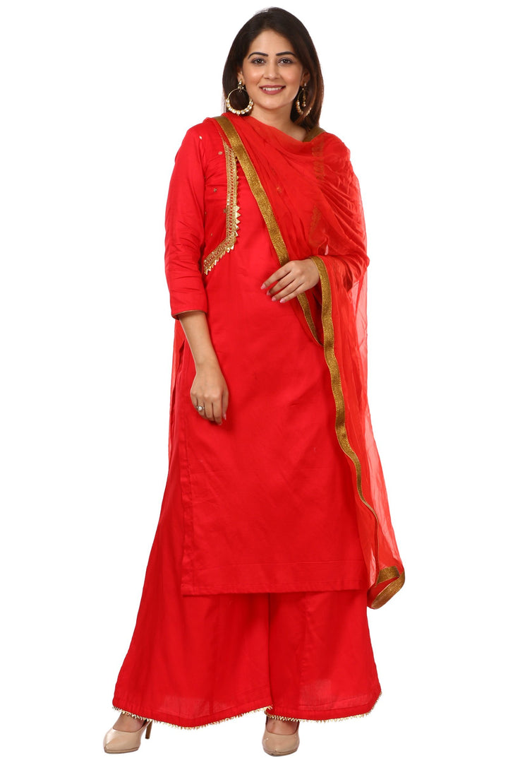 anokherang Combos Red Jacket Style Kurti and Flared Palazzos with Red Chiffon Dupatta