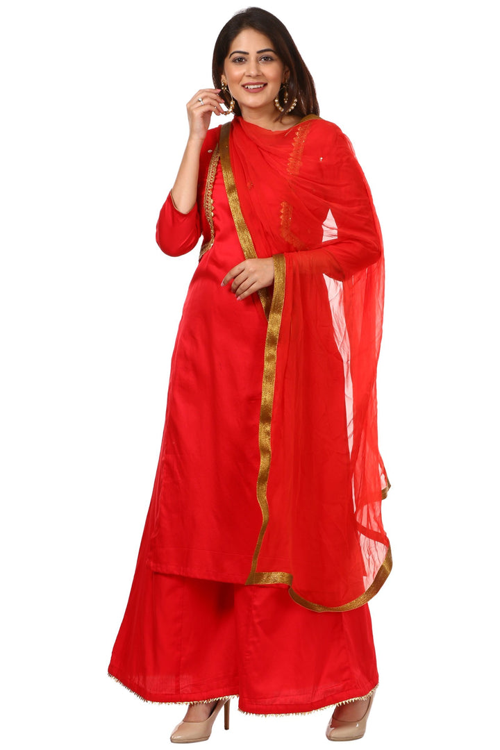 anokherang Combos Red Jacket Style Kurti and Flared Palazzos with Red Chiffon Dupatta