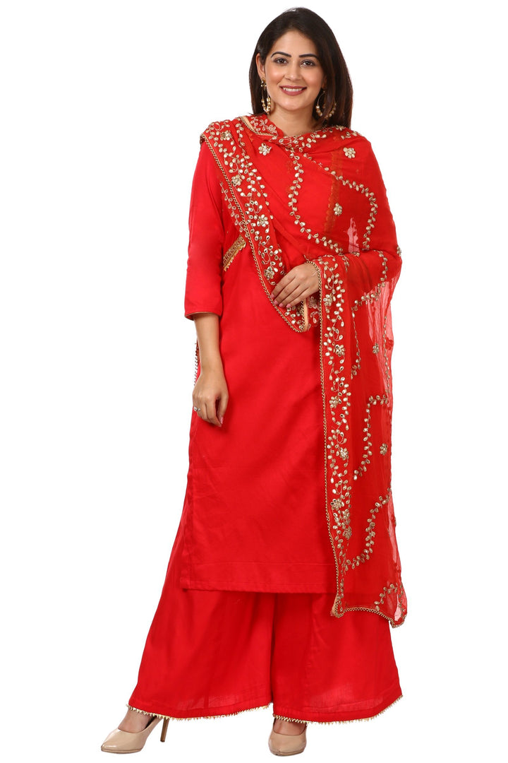 anokherang Combos Red Jacket Style Kurti and Flared Palazzos with Red Chiffon Gotta Patti Dupatta