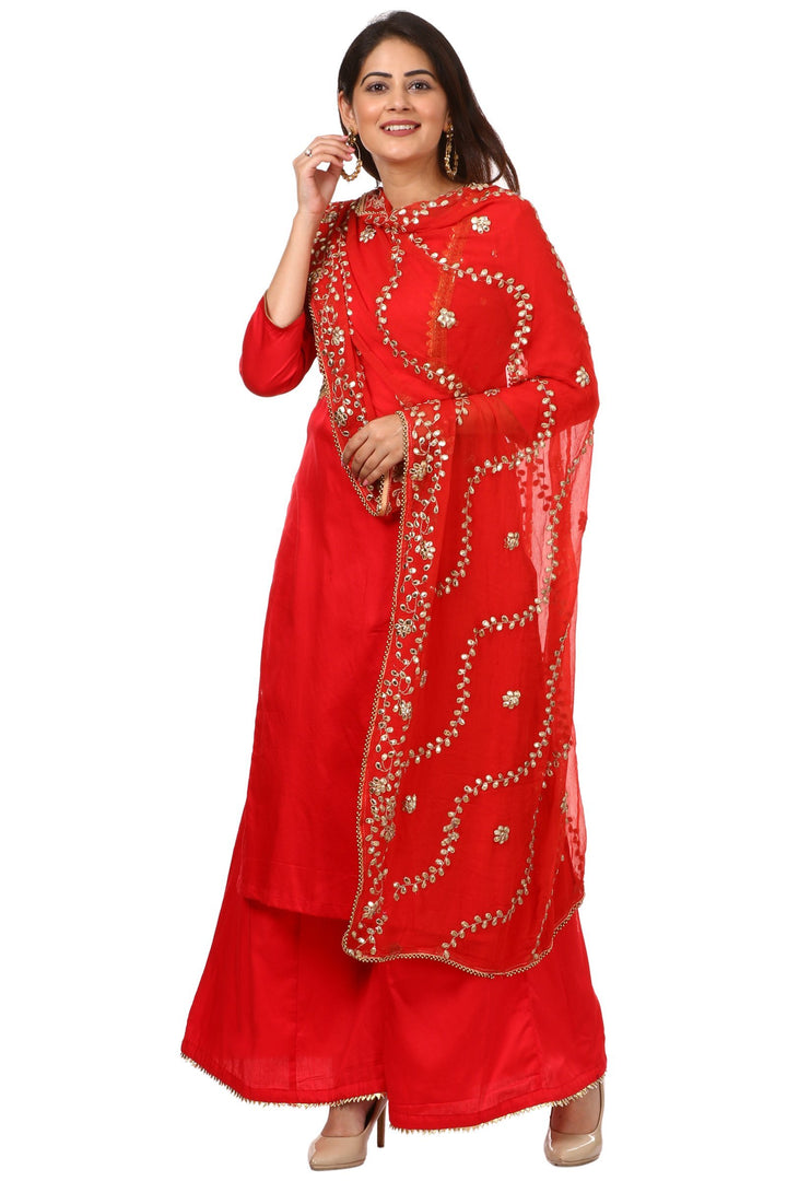 anokherang Combos Red Jacket Style Kurti and Flared Palazzos with Red Chiffon Gotta Patti Dupatta