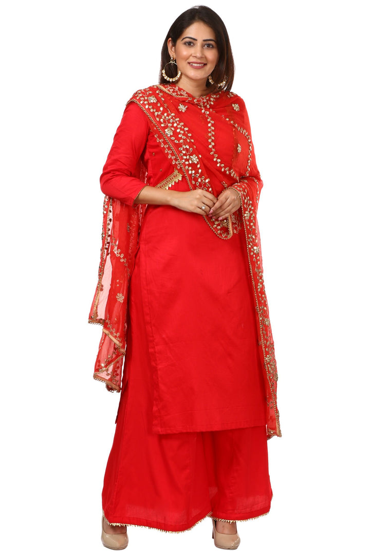 anokherang Combos Red Jacket Style Kurti and Flared Palazzos with Red Chiffon Gotta Patti Dupatta