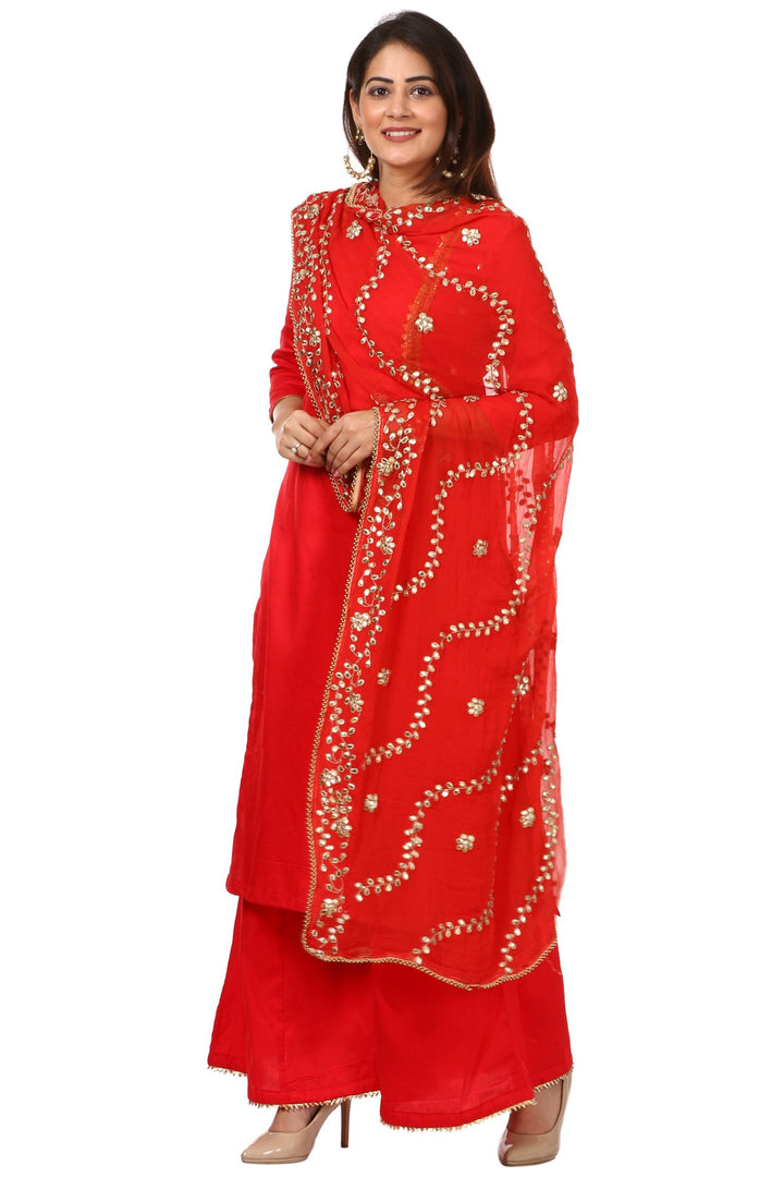 anokherang Combos Red Jacket Style Kurti and Flared Palazzos with Red Chiffon Gotta Patti Dupatta