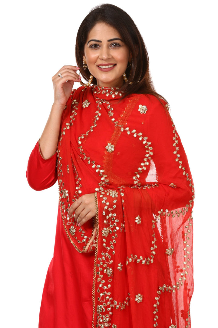 anokherang Combos Red Jacket Style Kurti and Flared Palazzos with Red Chiffon Gotta Patti Dupatta