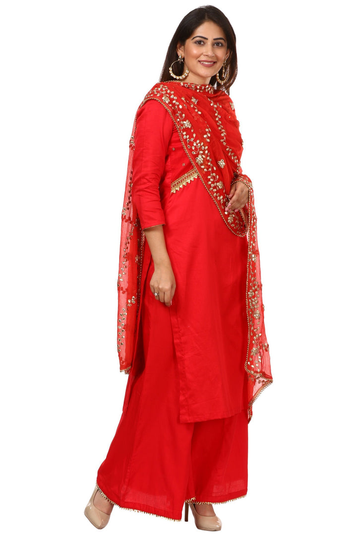 anokherang Combos Red Jacket Style Kurti and Flared Palazzos with Red Chiffon Gotta Patti Dupatta