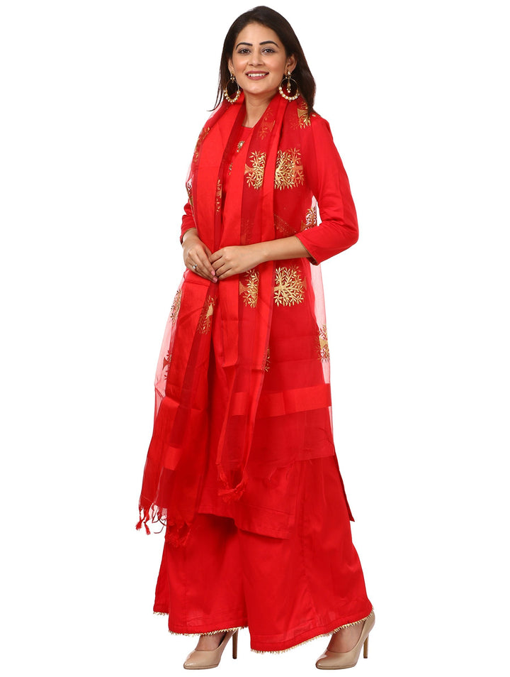 anokherang Combos Red Jacket Style Kurti and Flared Palazzos with Red Tree Embroidered Dupatta
