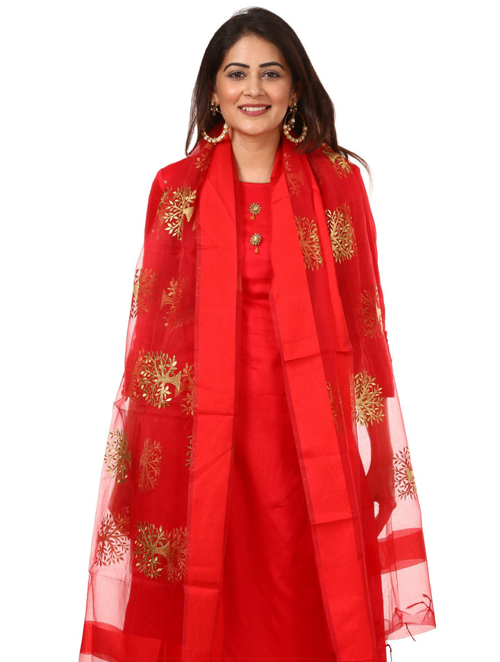 anokherang Combos Red Jacket Style Kurti and Flared Palazzos with Red Tree Embroidered Dupatta