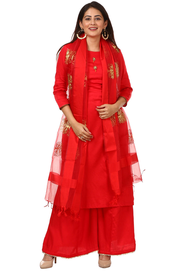 anokherang Combos Red Jacket Style Kurti and Flared Palazzos with Red Tree Embroidered Dupatta