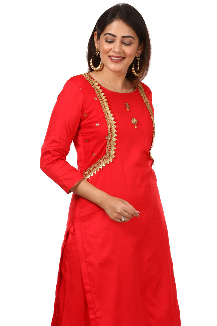 anokherang Combos Red Jacket Style Kurti with Flared Palazzos