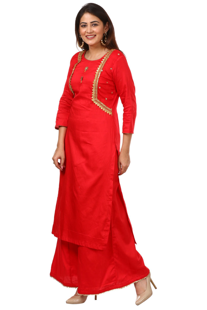 anokherang Combos Red Jacket Style Kurti with Flared Palazzos